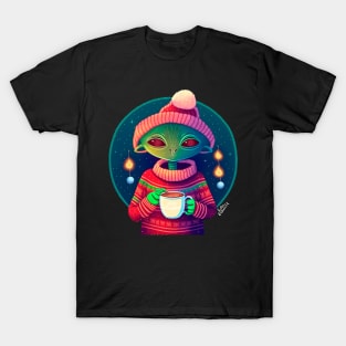 Christmas Funny Alien Drinking Coffee Wearing Sweater T-Shirt